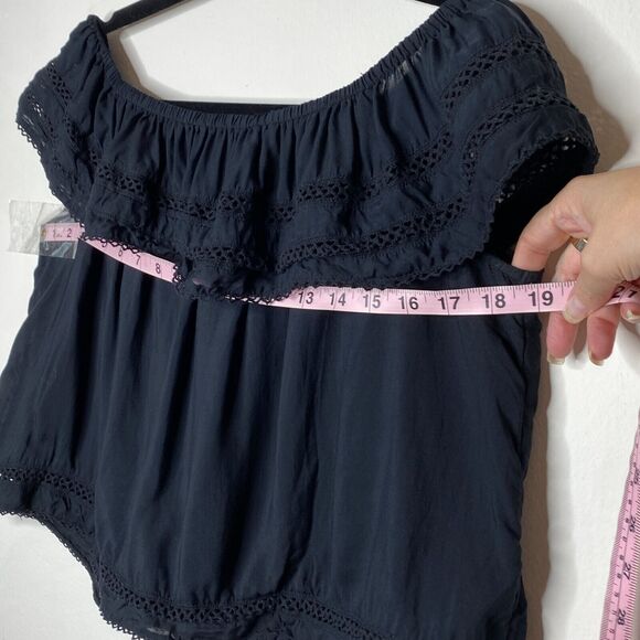 Aritzia Wilfred Hollande Black Off Shoulder Crochet Ruffle Crop Boho Blouse XS - Picture 10 of 12